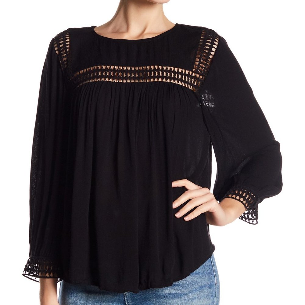 Lucky Brand Black Crochet Yoke Long Sleeve Blouse